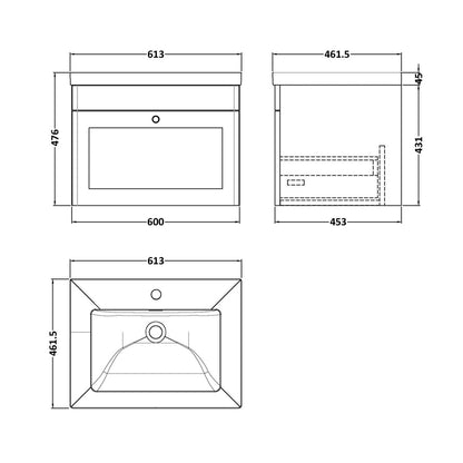 Nuie Classique 600mm Wall Hung 1-drawer Vanity With Basin - 1 Tap Hole Traditional Satin Green Fireclay 476x613x462mm - JJ Building Materials