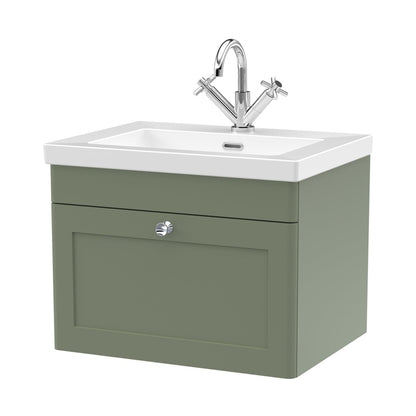 Nuie Classique 600mm Wall Hung 1-drawer Vanity With Basin - 1 Tap Hole Traditional Satin Green Fireclay 476x613x462mm - JJ Building Materials