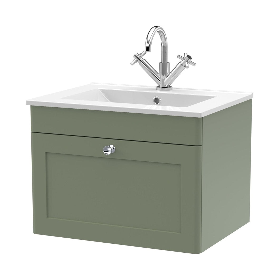 Nuie Classique 600mm Wall Hung 1-drawer Vanity With Basin - 1 Tap Hole Traditional Satin Green Vitreous China 449x605x460mm - JJ Building Materials