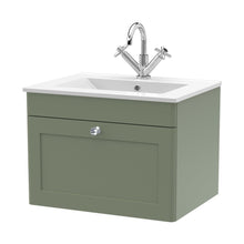 Nuie Classique 600mm Wall Hung 1-drawer Vanity With Basin - 1 Tap Hole Traditional Satin Green Vitreous China 449x605x460mm - JJ Building Materials