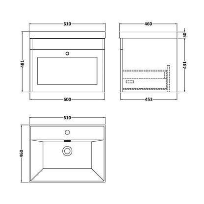 Nuie Classique 600mm Wall Hung 1-drawer Vanity With Basin - 1 Tap Hole Traditional Satin Green Vitreous China 481x610x460mm - JJ Building Materials