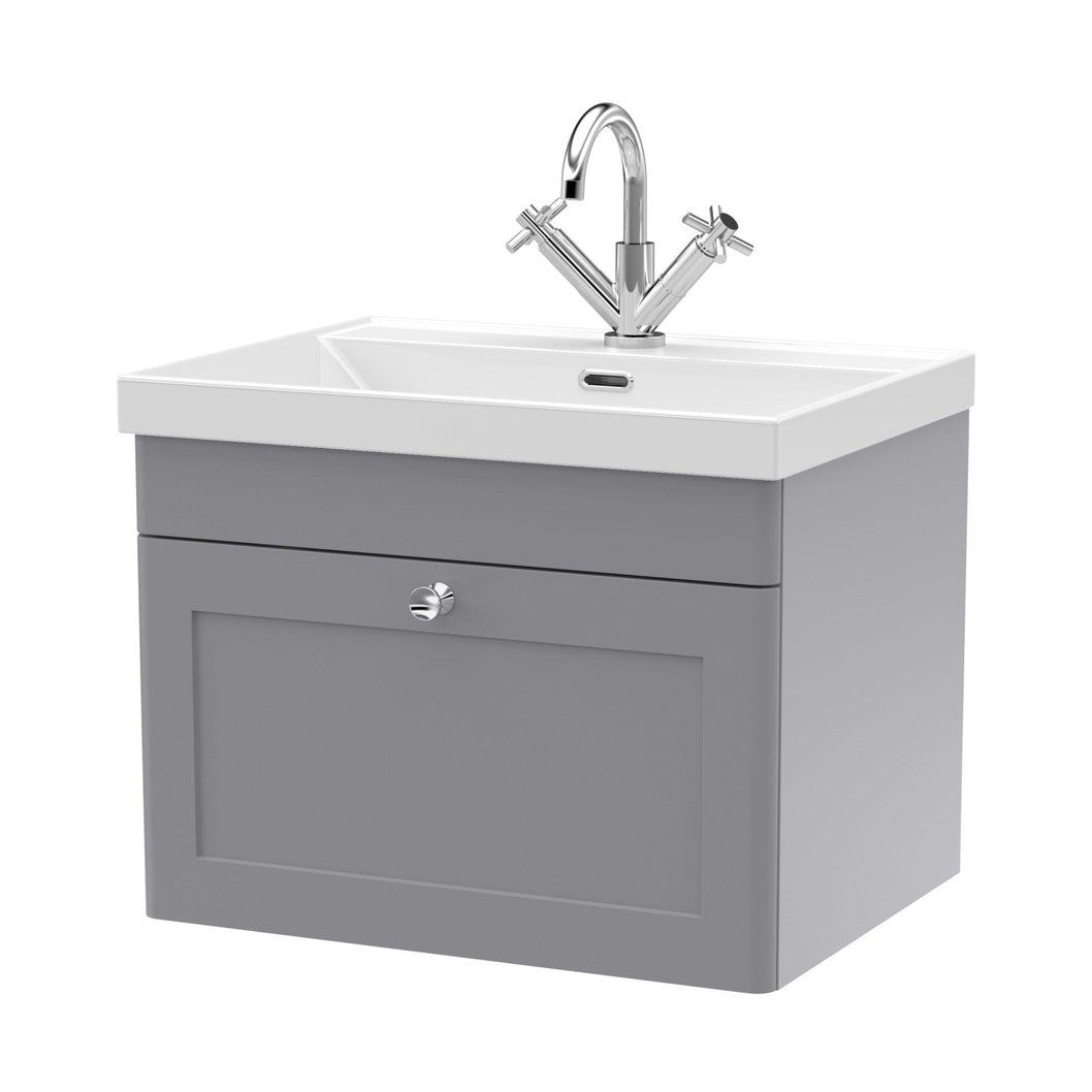 Nuie Classique 600mm Wall Hung 1-drawer Vanity With Basin - 1 Tap Hole Traditional Satin Grey Vitreous China 481x610x460mm - JJ Building Materials