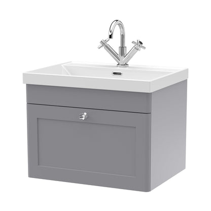 Nuie Classique 600mm Wall Hung 1-drawer Vanity With Basin - 1 Tap Hole Traditional Satin Grey Vitreous China 481x610x460mm - JJ Building Materials