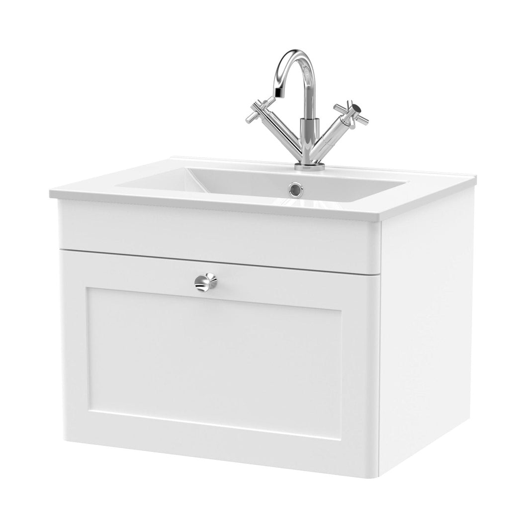 Nuie Classique 600mm Wall Hung 1-drawer Vanity With Basin - 1 Tap Hole Traditional Satin White Vitreous China 449x605x460mm - JJ Building Materials