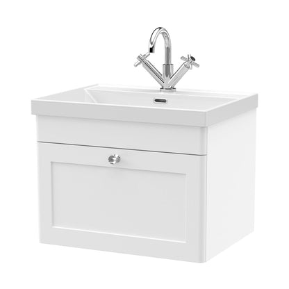 Nuie Classique 600mm Wall Hung 1-drawer Vanity With Basin - 1 Tap Hole Traditional Satin White Vitreous China 481x610x460mm - JJ Building Materials