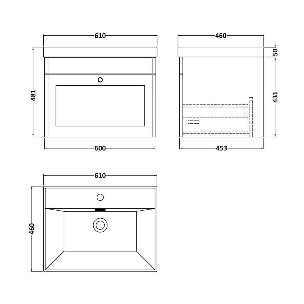 Nuie Classique 600mm Wall Hung 1-drawer Vanity With Basin - 1 Tap Hole Traditional Satin White Vitreous China 481x610x460mm - JJ Building Materials