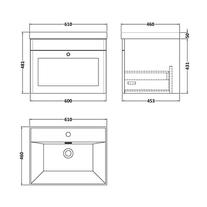 Nuie Classique 600mm Wall Hung 1-drawer Vanity With Basin - 1 Tap Hole Traditional Satin White Vitreous China 481x610x460mm - JJ Building Materials