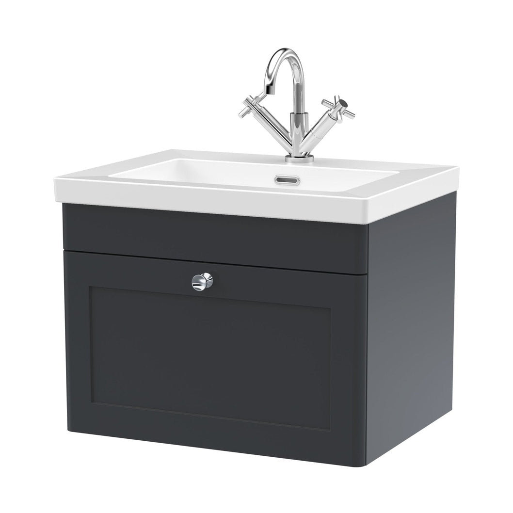 Nuie Classique 600mm Wall Hung 1-drawer Vanity With Basin - 1 Tap Hole Traditional Soft Black Fireclay 476x613x462mm - JJ Building Materials