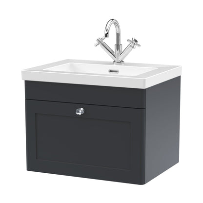 Nuie Classique 600mm Wall Hung 1-drawer Vanity With Basin - 1 Tap Hole Traditional Soft Black Fireclay 476x613x462mm - JJ Building Materials