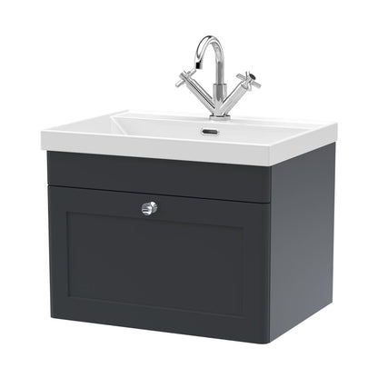 Nuie Classique 600mm Wall Hung 1-drawer Vanity With Basin - 1 Tap Hole Traditional Soft Black Vitreous China 481x610x460mm - JJ Building Materials