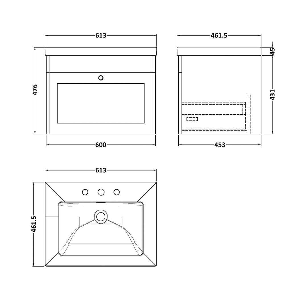 Nuie Classique 600mm Wall Hung 1-drawer Vanity With Basin - 3 Tap Hole Traditional Satin Green Fireclay 476x613x462mm - JJ Building Materials