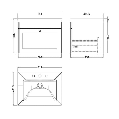 Nuie Classique 600mm Wall Hung 1-drawer Vanity With Basin - 3 Tap Hole Traditional Satin Green Fireclay 476x613x462mm - JJ Building Materials