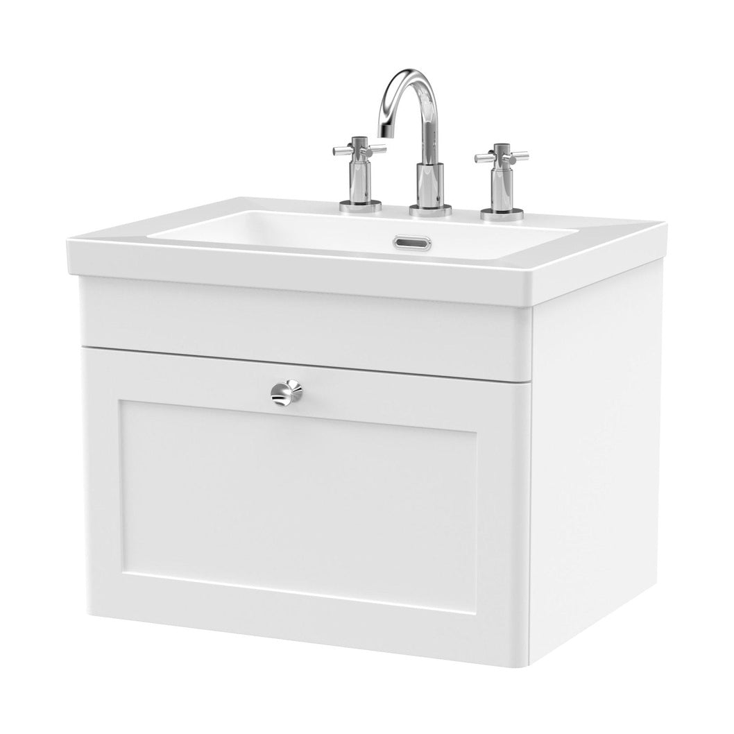Nuie Classique 600mm Wall Hung 1-drawer Vanity With Basin - 3 Tap Hole Traditional Satin White Fireclay 476x613x462mm - JJ Building Materials