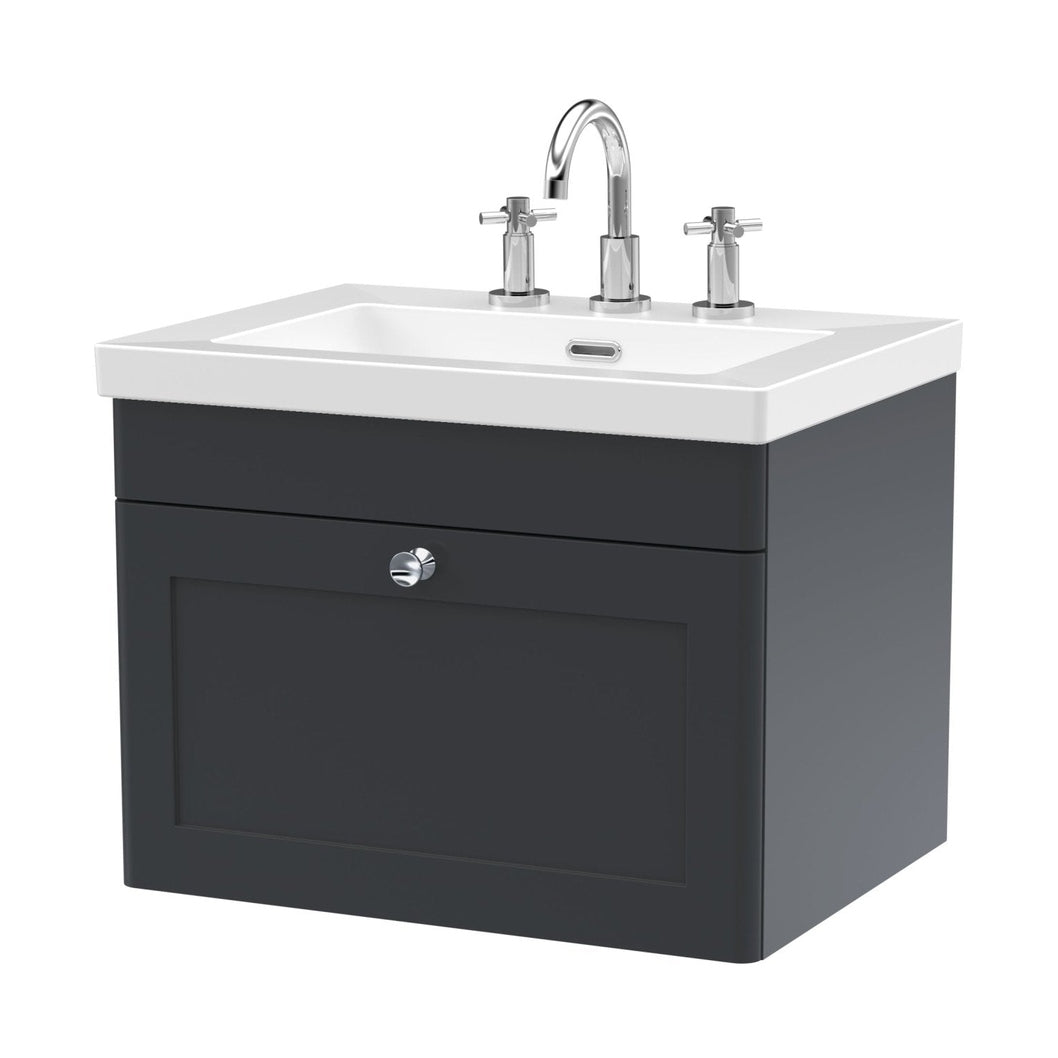 Nuie Classique 600mm Wall Hung 1-drawer Vanity With Basin - 3 Tap Hole Traditional Soft Black Fireclay 476x613x462mm - JJ Building Materials