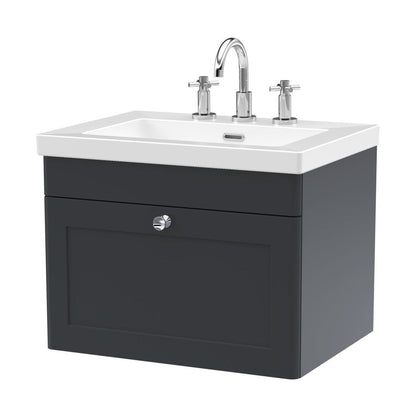 Nuie Classique 600mm Wall Hung 1-drawer Vanity With Basin - 3 Tap Hole Traditional Soft Black Fireclay 476x613x462mm - JJ Building Materials