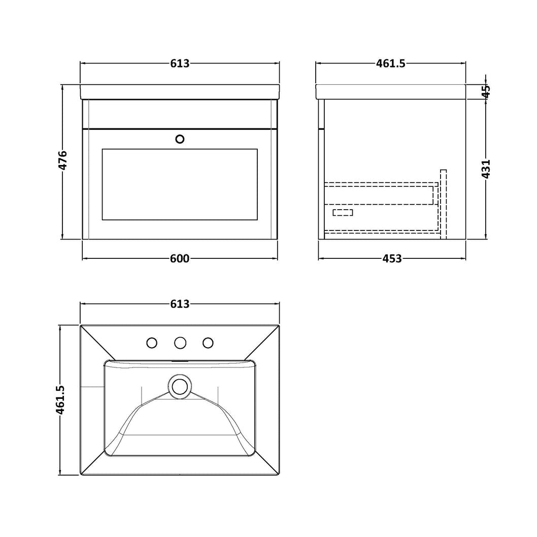 Nuie Classique 600mm Wall Hung 1-drawer Vanity With Basin - 3 Tap Hole Traditional Soft Black Fireclay 476x613x462mm - JJ Building Materials