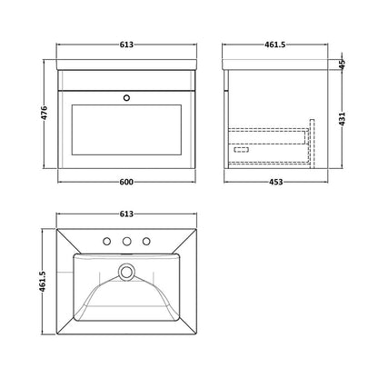 Nuie Classique 600mm Wall Hung 1-drawer Vanity With Basin - 3 Tap Hole Traditional Soft Black Fireclay 476x613x462mm - JJ Building Materials