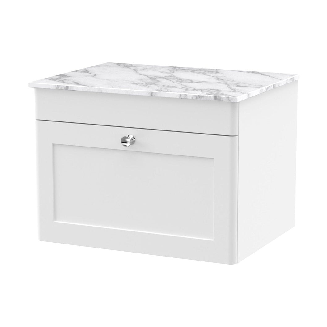 Nuie Classique 600mm Wall Hung 1-drawer Vanity With Marble Top Traditional Satin White Natural Marble 449x610x460mm - CLC194CMT - JJ Building Materials