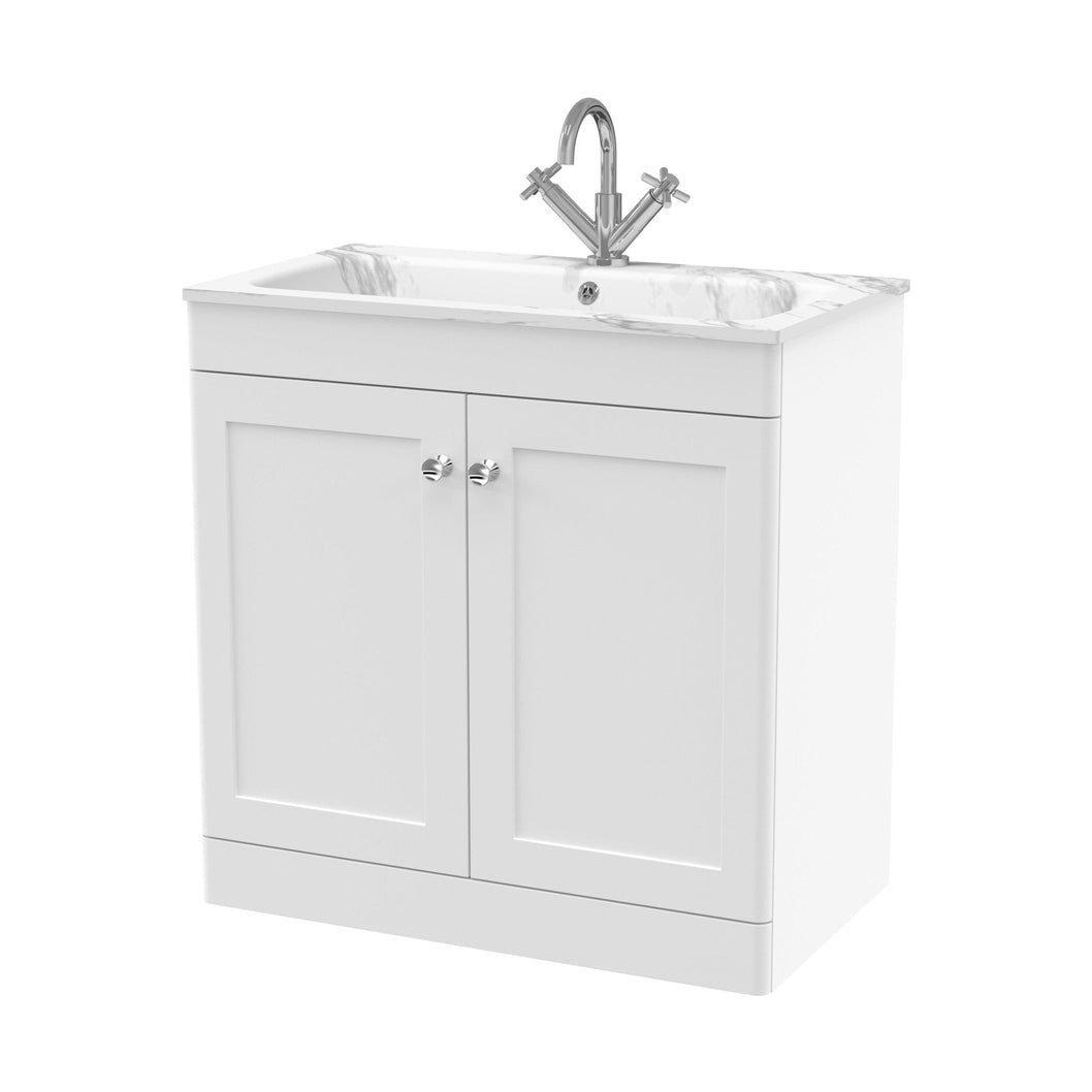 Nuie Classique 800mm Floor Standing 2-door Unit & Stone Basin 1th Traditional Satin White MFC Painted Matt,stone 816x810x470mm - CLC126Q - JJ Building Materials