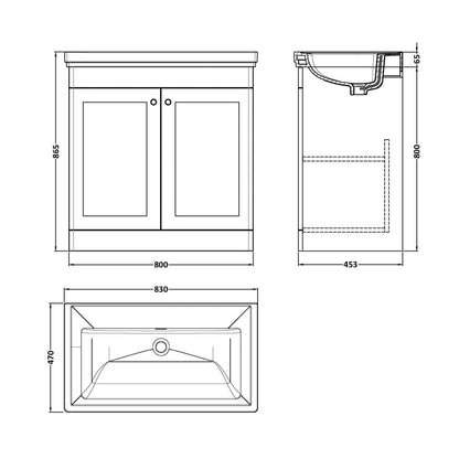 Nuie Classique 800mm Floor Standing 2 Door Vanity & Basin 0th Traditional Satin Green MFC Painted Matt 821x830x470mm - JJ Building Materials