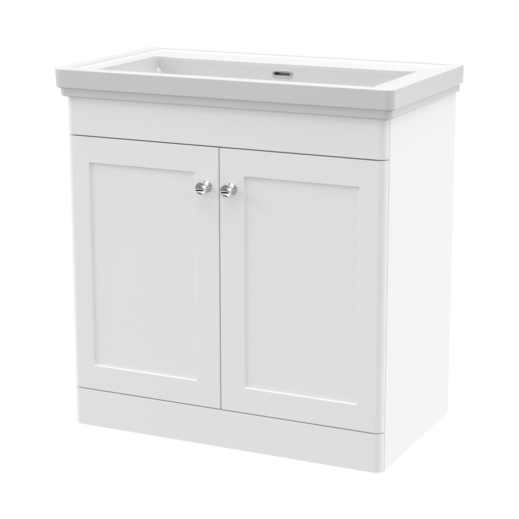Nuie Classique 800mm Floor Standing 2 Door Vanity & Basin 0th Traditional Satin White MFC Painted Matt 821x830x470mm - JJ Building Materials