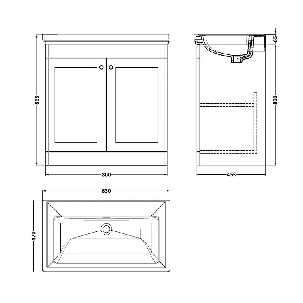 Nuie Classique 800mm Floor Standing 2 Door Vanity & Basin 0th Traditional Satin White MFC Painted Matt 821x830x470mm - JJ Building Materials