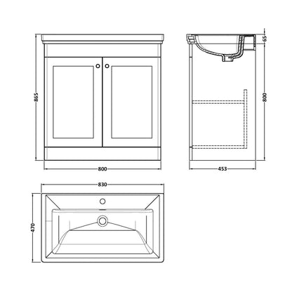 Nuie Classique 800mm Floor Standing 2-door Vanity & Basin 1th Traditional Satin Green MFC Painted Matt 865x830x470mm - JJ Building Materials