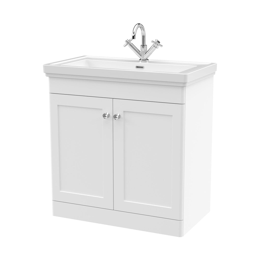 Nuie Classique 800mm Floor Standing 2-door Vanity & Basin 1th Traditional Satin White MFC Painted Matt 865x830x470mm - JJ Building Materials