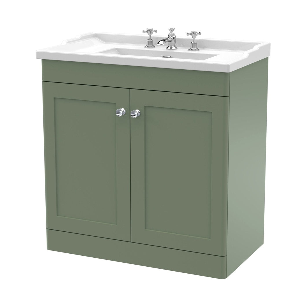 Nuie Classique 800mm Floor Standing 2 Door Vanity & Basin 3th Traditional Satin Green MFC Painted Matt 858x820x480mm - JJ Building Materials