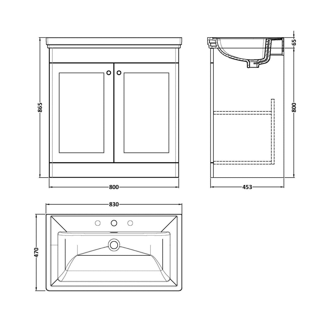 Nuie Classique 800mm Floor Standing 2-door Vanity & Basin 3th Traditional Satin Green MFC Painted Matt 865x830x470mm - JJ Building Materials