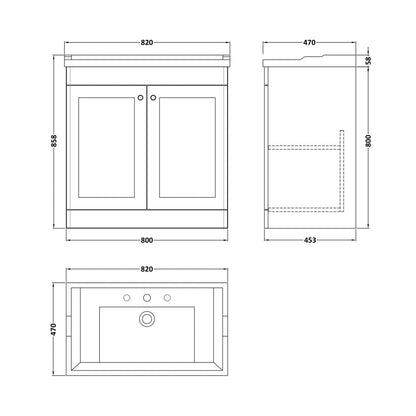 Nuie Classique 800mm Floor Standing 2 Door Vanity & Basin 3th Traditional Satin White MFC Painted Matt 858x820x480mm - JJ Building Materials