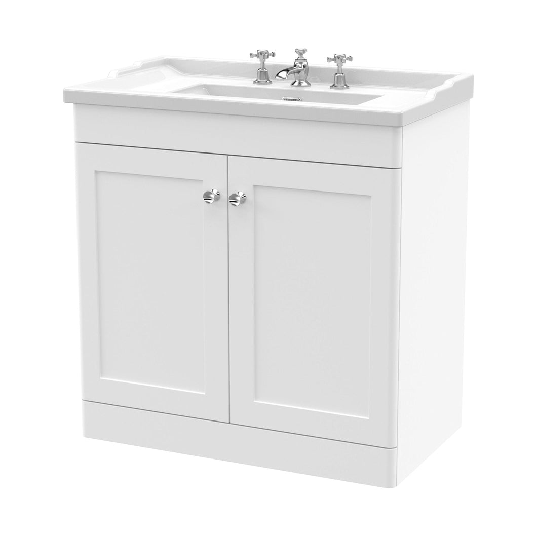 Nuie Classique 800mm Floor Standing 2 Door Vanity & Basin 3th Traditional Satin White MFC Painted Matt 858x820x480mm - JJ Building Materials