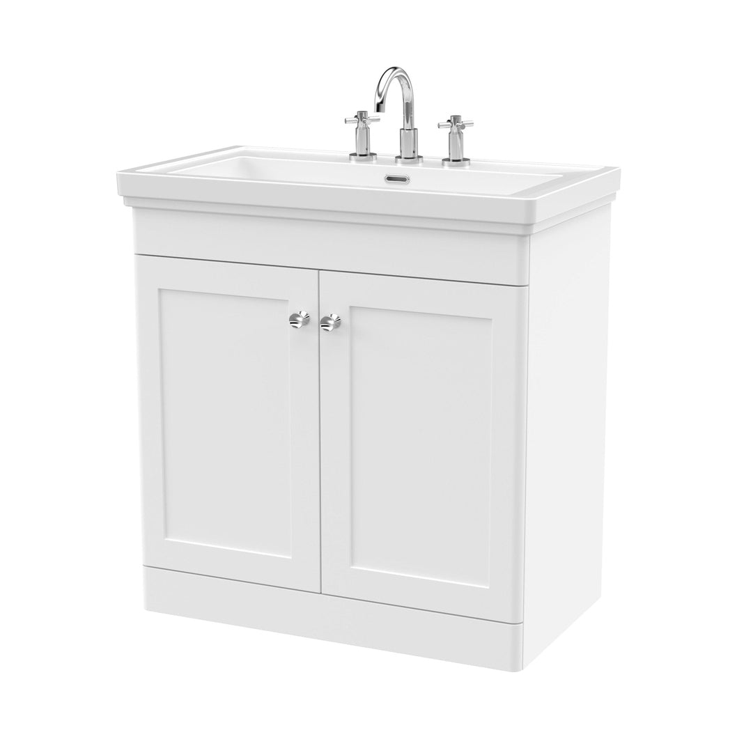 Nuie Classique 800mm Floor Standing 2-door Vanity & Basin 3th Traditional Satin White MFC Painted Matt 865x830x470mm - JJ Building Materials