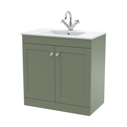 Nuie Classique 800mm Floor Standing 2-door Vanity With Basin - 1 Tap Hole Traditional Satin Green Vitreous China 818x805x460mm - JJ Building Materials