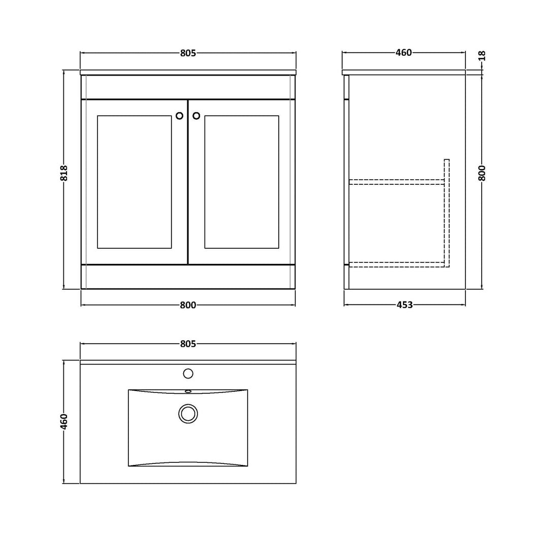 Nuie Classique 800mm Floor Standing 2-door Vanity With Basin - 1 Tap Hole Traditional Satin Green Vitreous China 818x805x460mm - JJ Building Materials