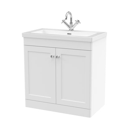 Nuie Classique 800mm Floor Standing 2-door Vanity With Basin - 1 Tap Hole Traditional Satin White Fireclay 845x813x462mm - JJ Building Materials
