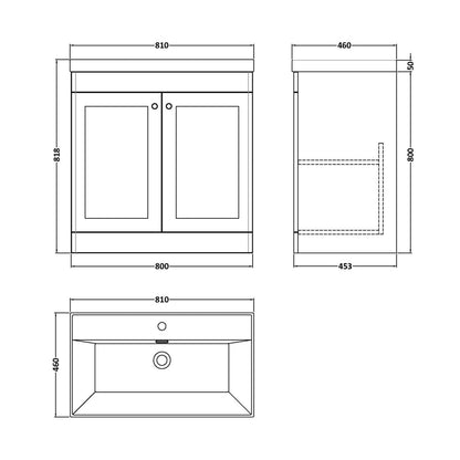 Nuie Classique 800mm Floor Standing 2-door Vanity With Basin - 1 Tap Hole Traditional Satin White Vitreous China 818x810x460mm - JJ Building Materials