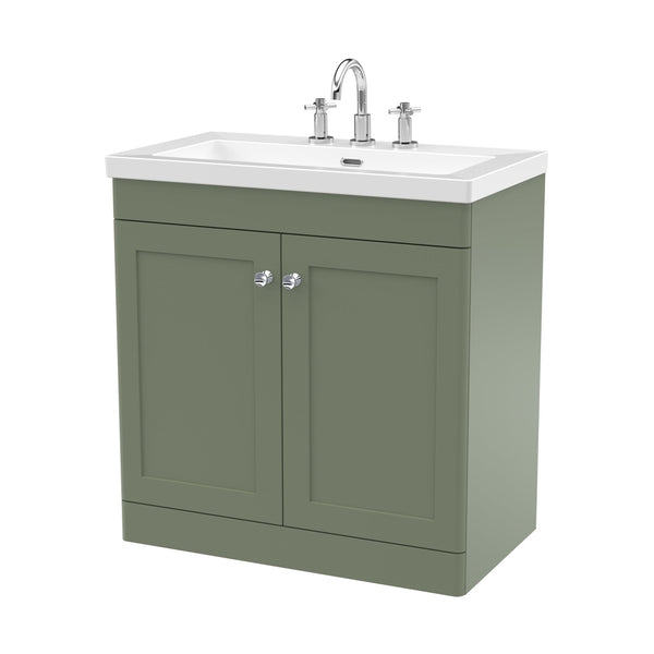 Nuie Classique 800mm Floor Standing 2-door Vanity With Basin - 3 Tap Hole Traditional Satin Green Fireclay 845x813x462mm - JJ Building Materials