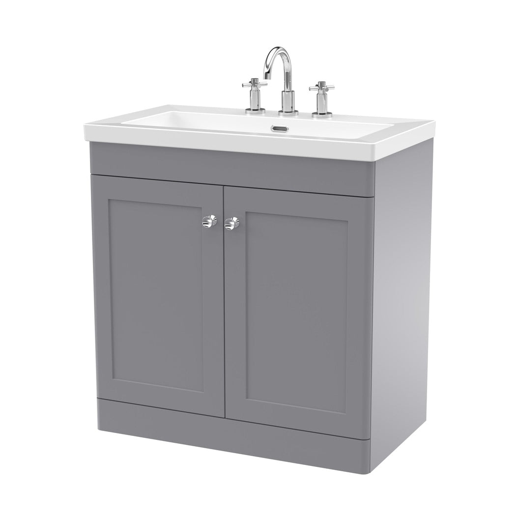 Nuie Classique 800mm Floor Standing 2-door Vanity With Basin - 3 Tap Hole Traditional Satin Grey Fireclay 845x813x462mm - JJ Building Materials