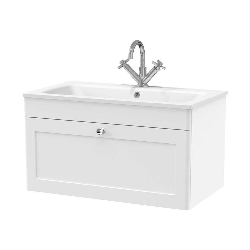 Nuie Classique 800mm Wall Hung 1-drawer Unit & Stone Basin 1th Traditional Satin White MFC Painted Matt,stone 447x805x460mm - CLC196P - JJ Building Materials