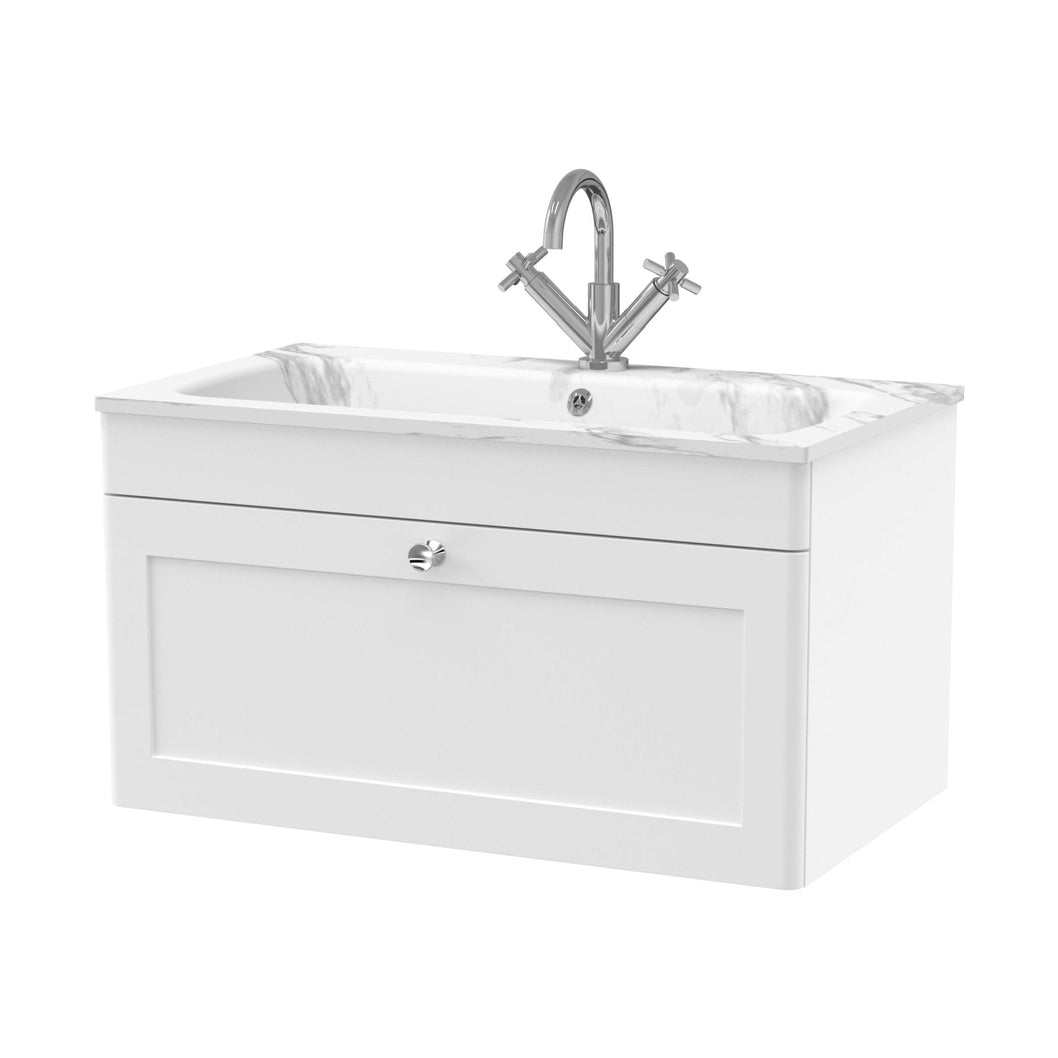 Nuie Classique 800mm Wall Hung 1-drawer Unit & Stone Basin 1th Traditional Satin White MFC Painted Matt,stone 447x805x460mm - CLC196Q - JJ Building Materials