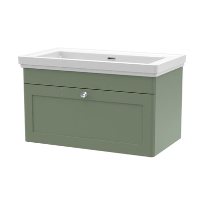 Nuie Classique 800mm Wall Hung 1 Drawer Vanity & Basin 0th Traditional Satin Green MFC Painted Matt 452x830x470mm - JJ Building Materials