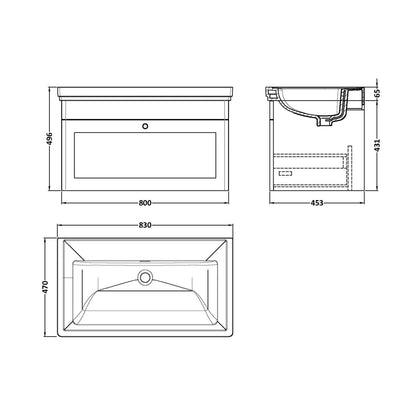 Nuie Classique 800mm Wall Hung 1 Drawer Vanity & Basin 0th Traditional Satin Green MFC Painted Matt 452x830x470mm - JJ Building Materials