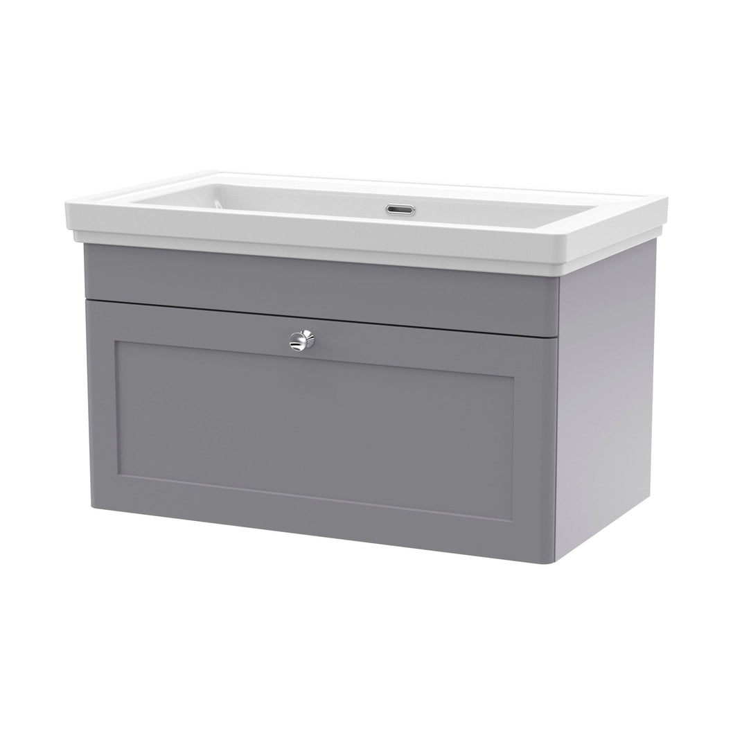 Nuie Classique 800mm Wall Hung 1 Drawer Vanity & Basin 0th Traditional Satin Grey MFC Painted Matt 452x830x470mm - JJ Building Materials