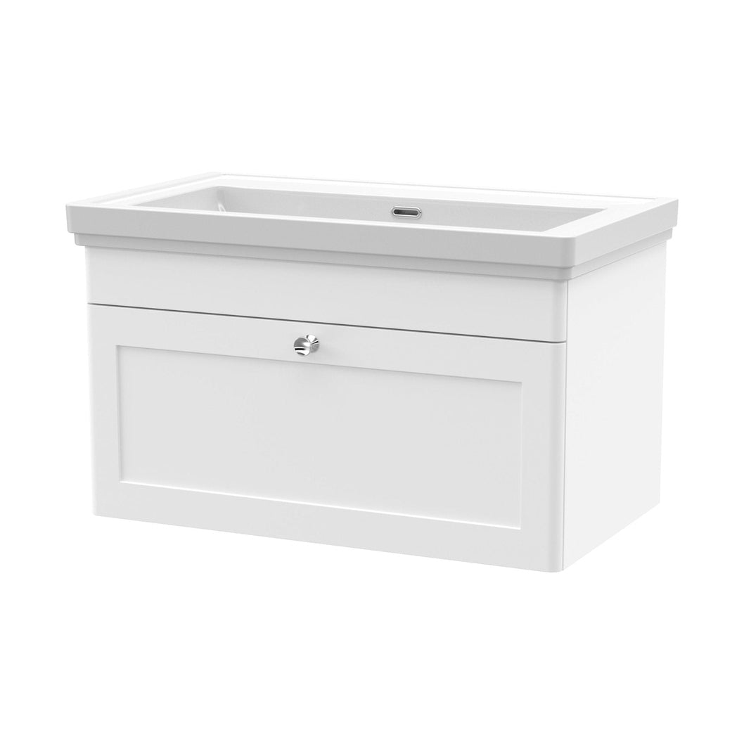 Nuie Classique 800mm Wall Hung 1 Drawer Vanity & Basin 0th Traditional Satin White MFC Painted Matt 452x830x470mm - JJ Building Materials