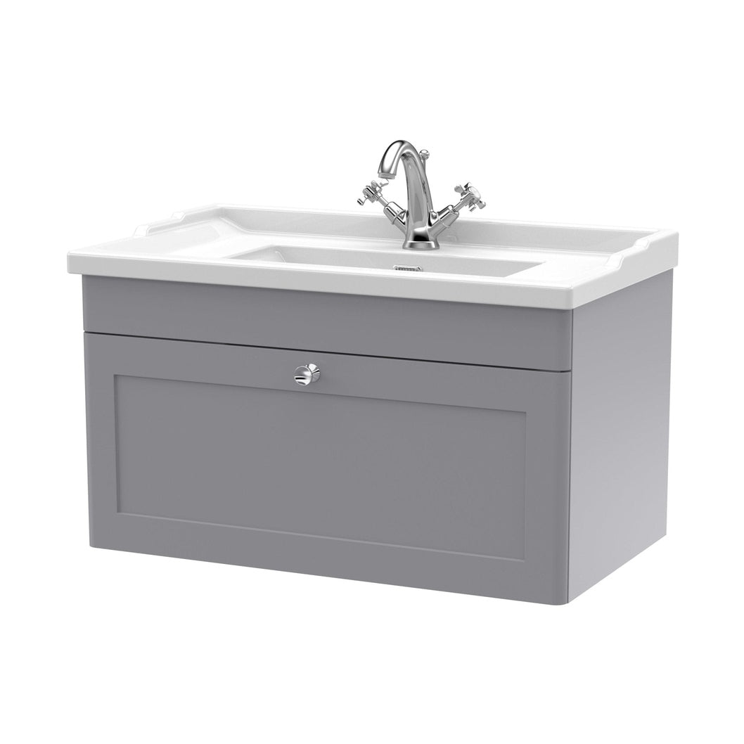 Nuie Classique 800mm Wall Hung 1 Drawer Vanity & Basin 1th Traditional Satin Grey MFC Painted Matt 489x820x480mm - JJ Building Materials
