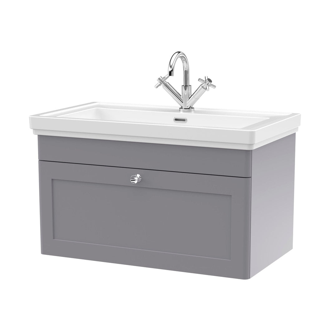 Nuie Classique 800mm Wall Hung 1-drawer Vanity & Basin 1th Traditional Satin Grey MFC Painted Matt 496x830x470mm - JJ Building Materials