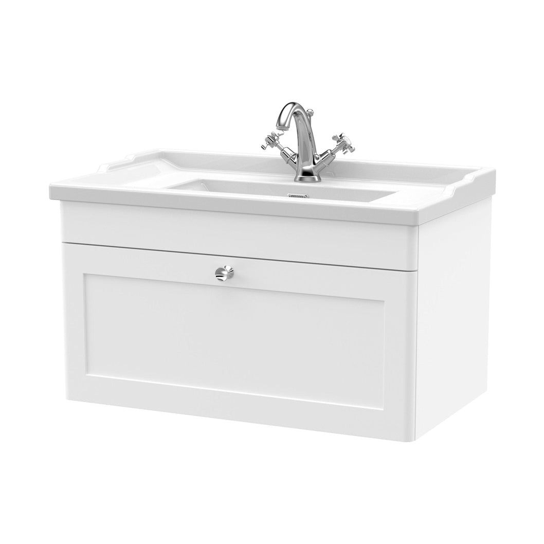 Nuie Classique 800mm Wall Hung 1 Drawer Vanity & Basin 1th Traditional Satin White MFC Painted Matt 489x820x480mm - JJ Building Materials