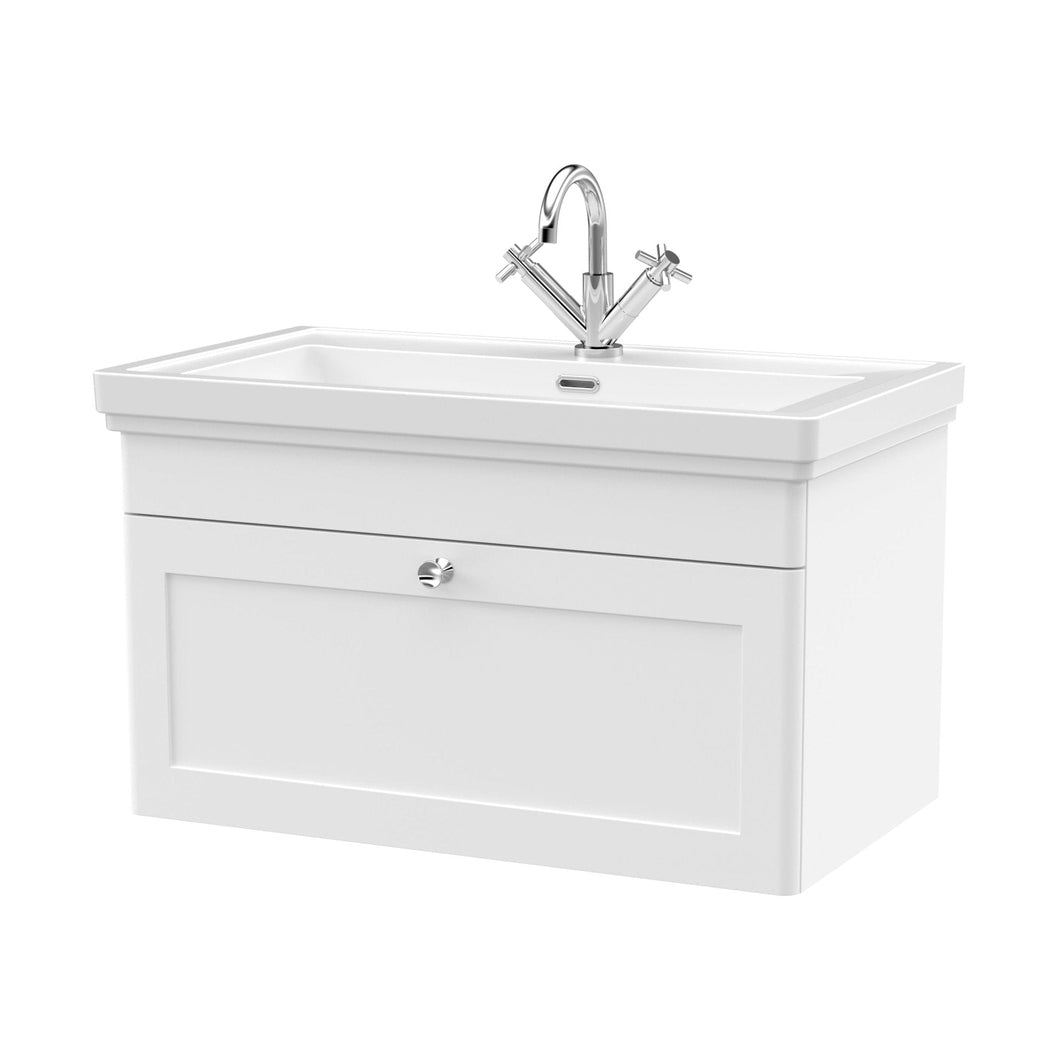Nuie Classique 800mm Wall Hung 1-drawer Vanity & Basin 1th Traditional Satin White MFC Painted Matt 496x830x470mm - JJ Building Materials