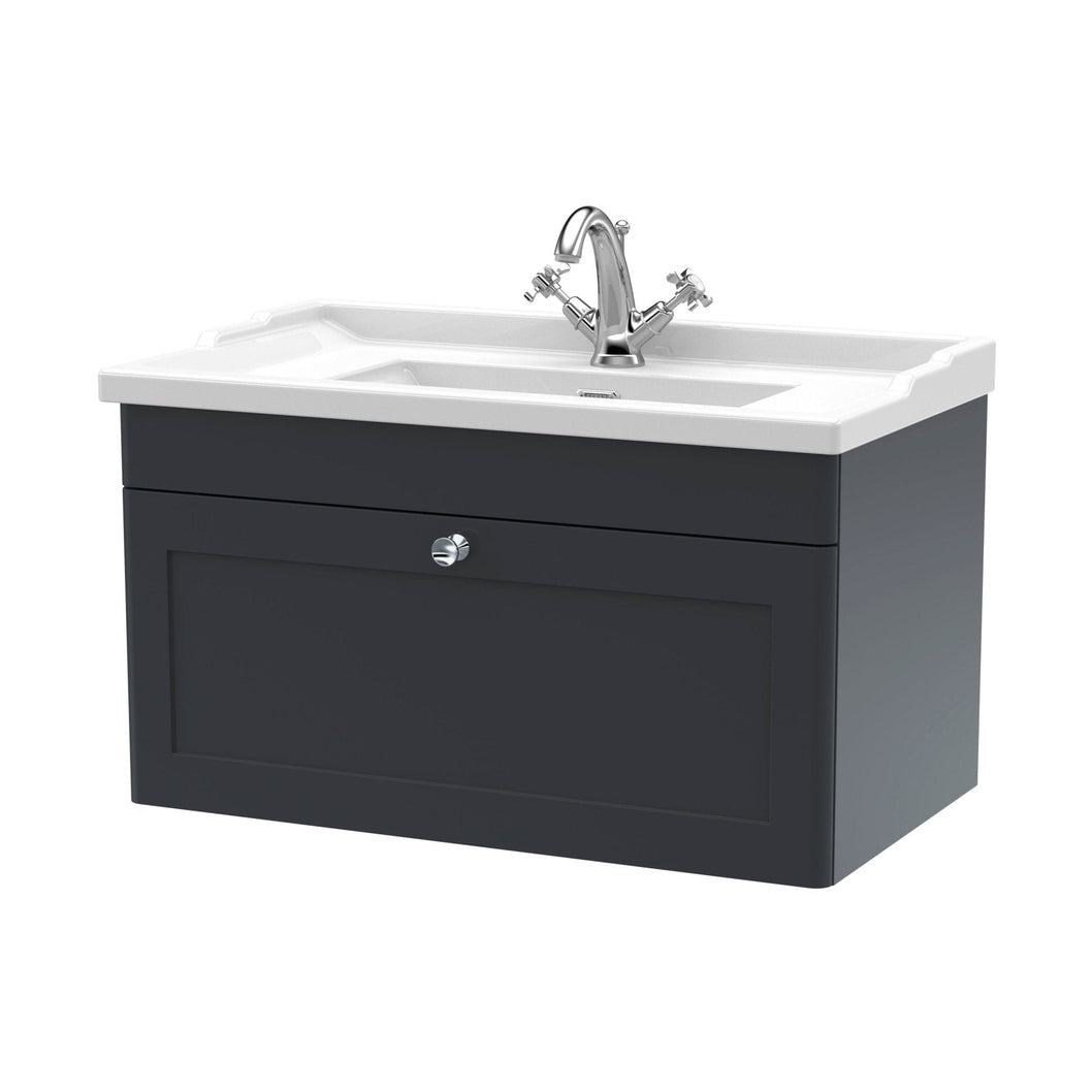 Nuie Classique 800mm Wall Hung 1 Drawer Vanity & Basin 1th Traditional Soft Black MFC Painted Matt 489x820x480mm - JJ Building Materials